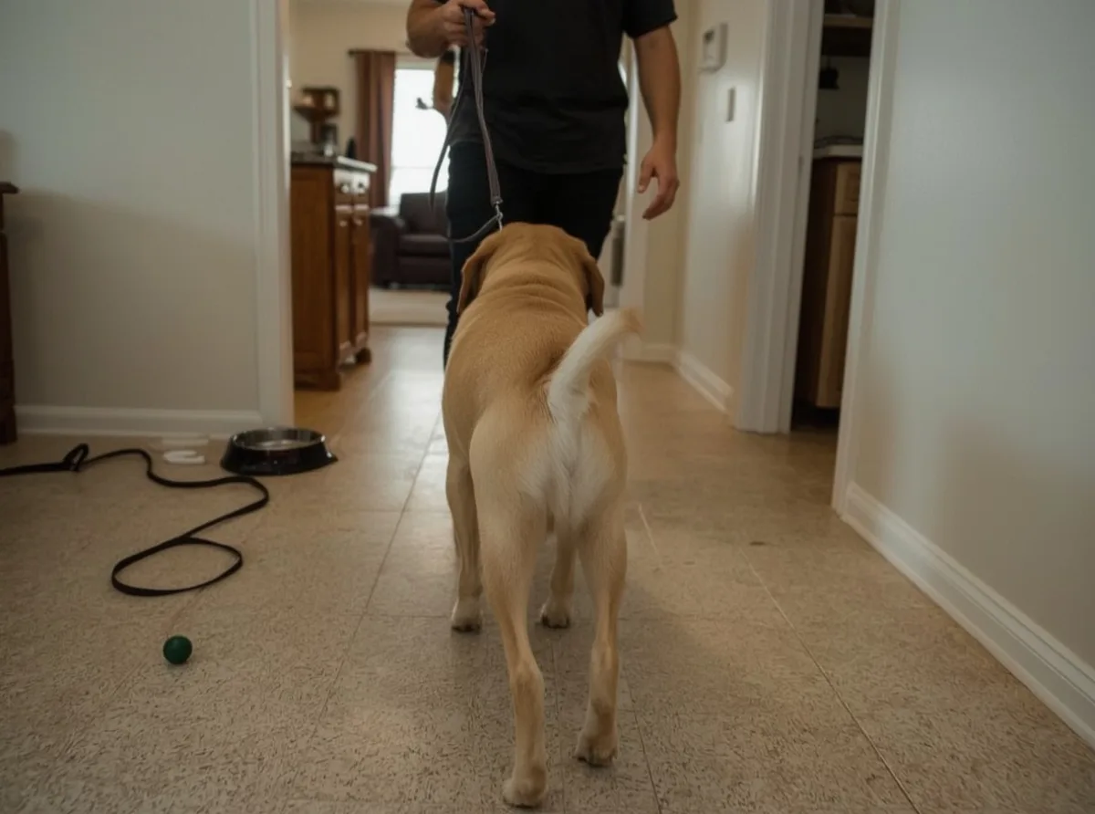 Dog standing close and returning to owner