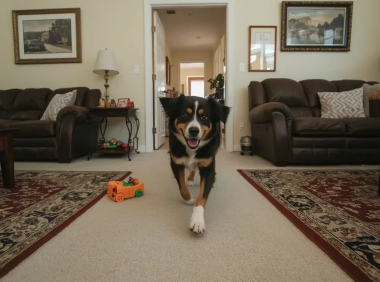 Dog racing through living room