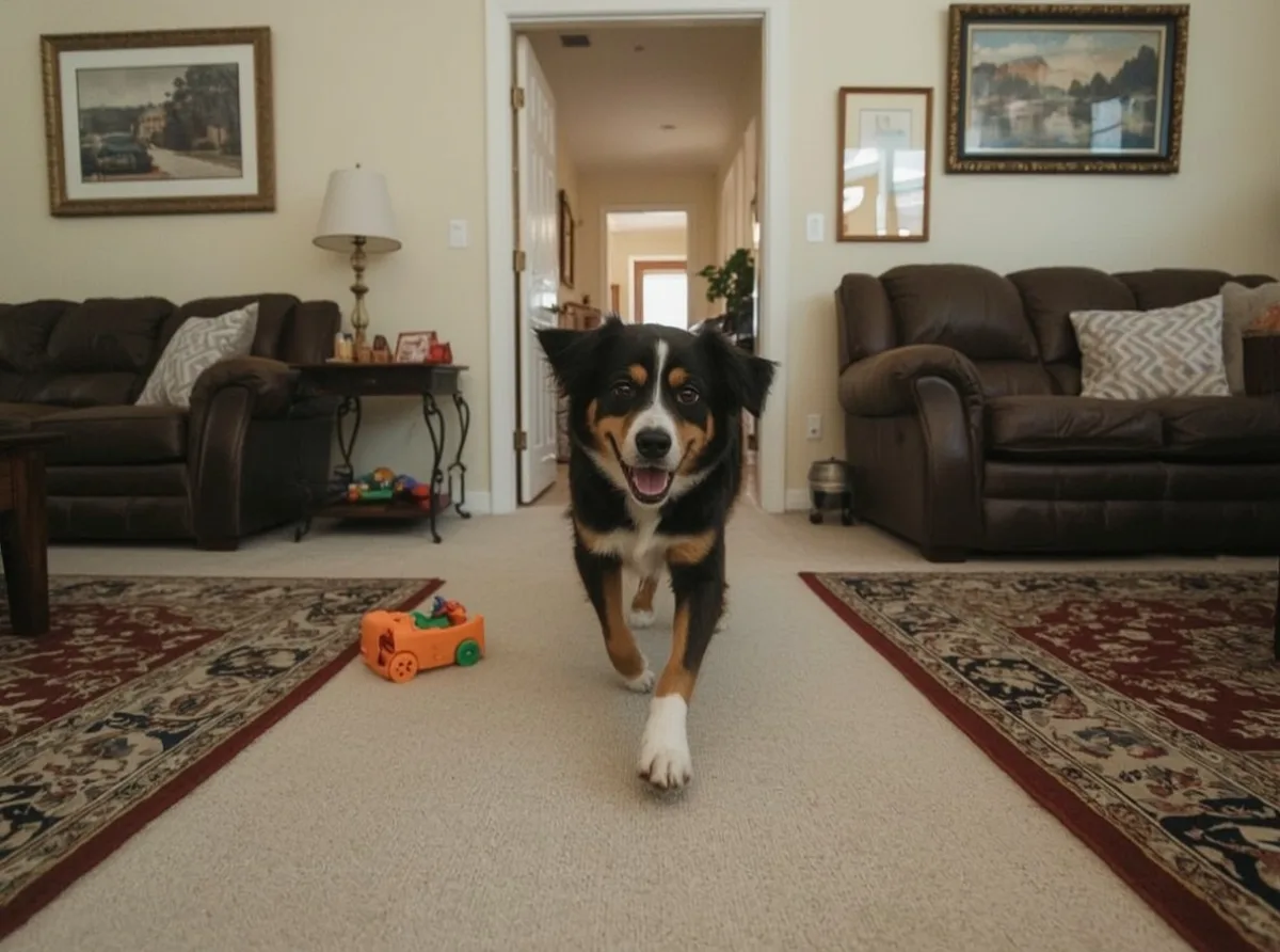 Dog racing through living room