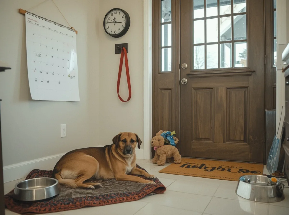 Calm dog resting beside a consistent daily routine