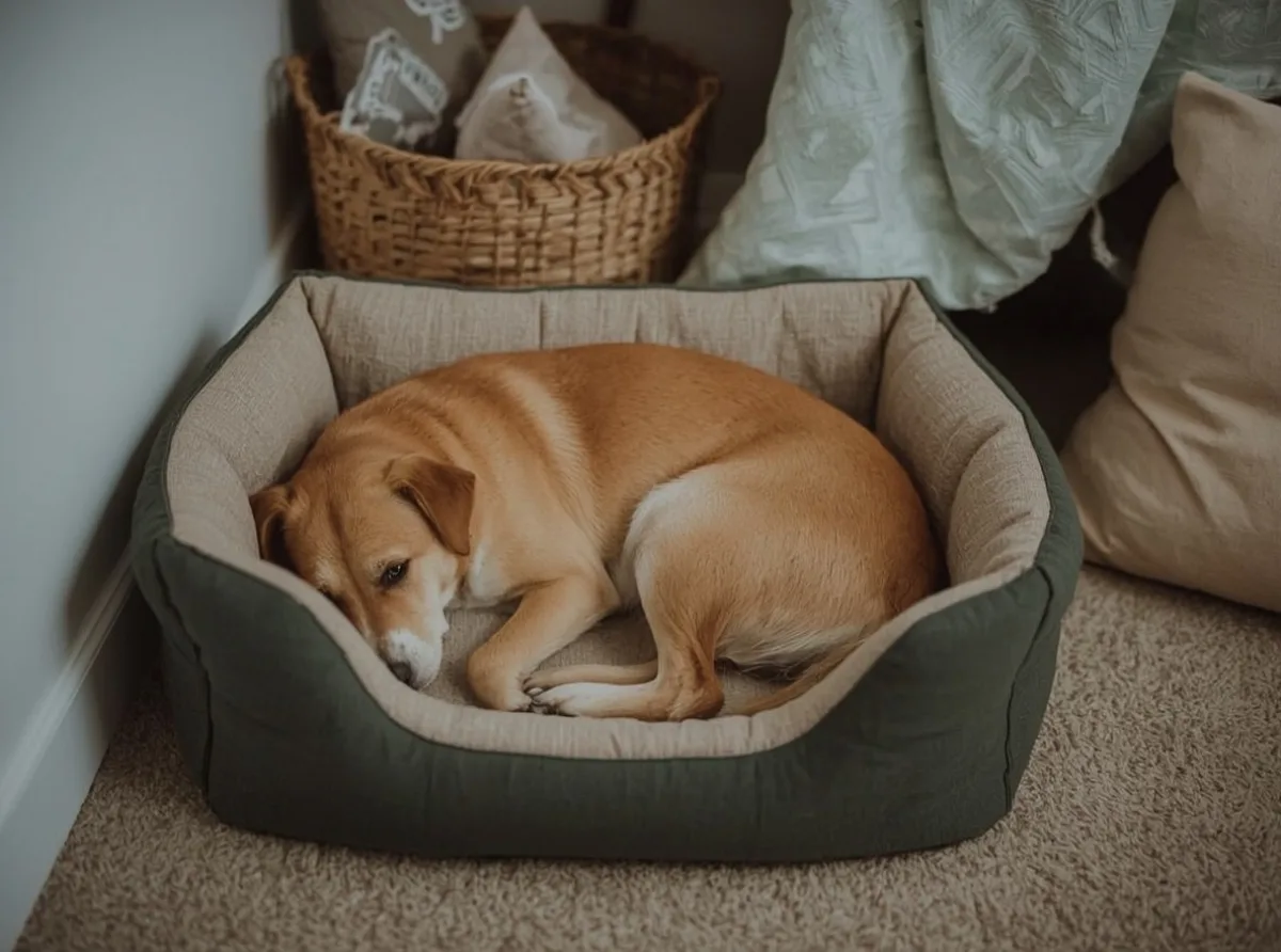 Dog resting in a small covered bed