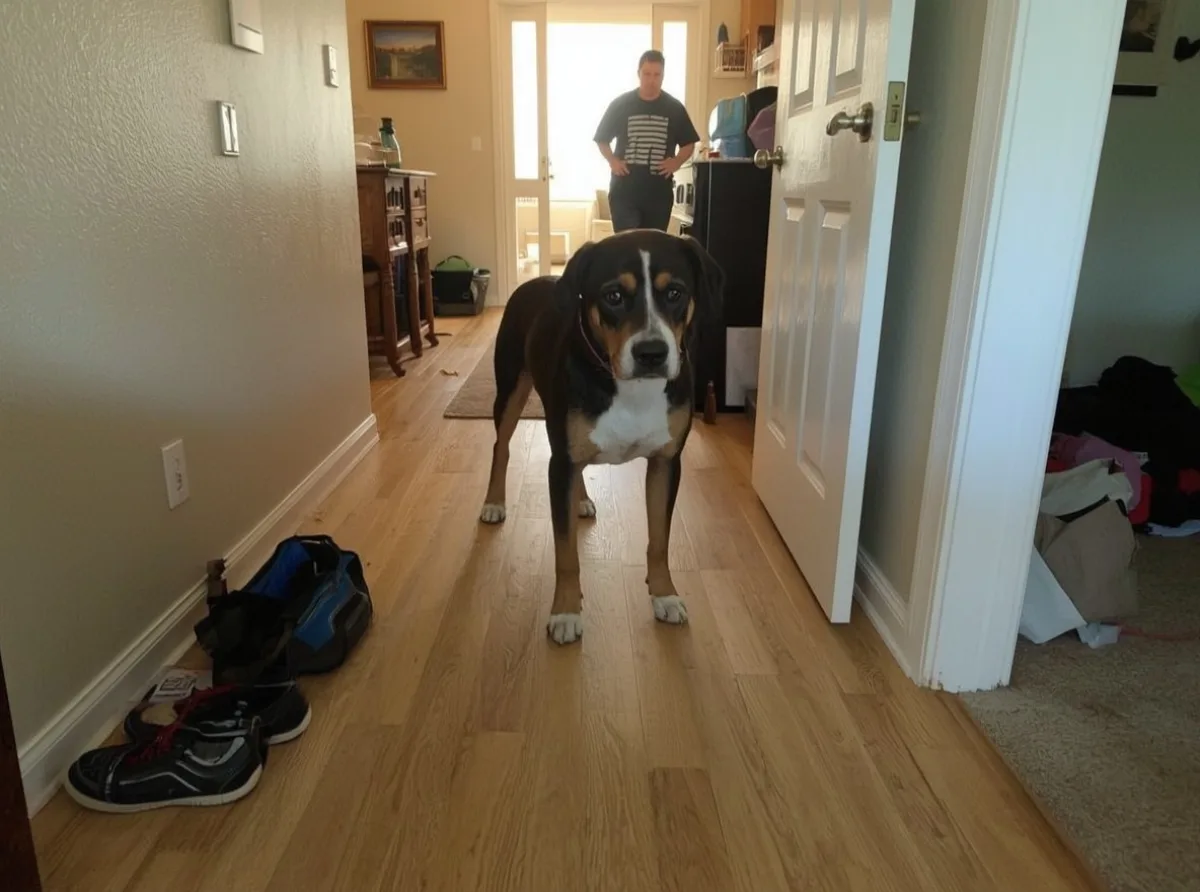 Dog watching a busy home doorway