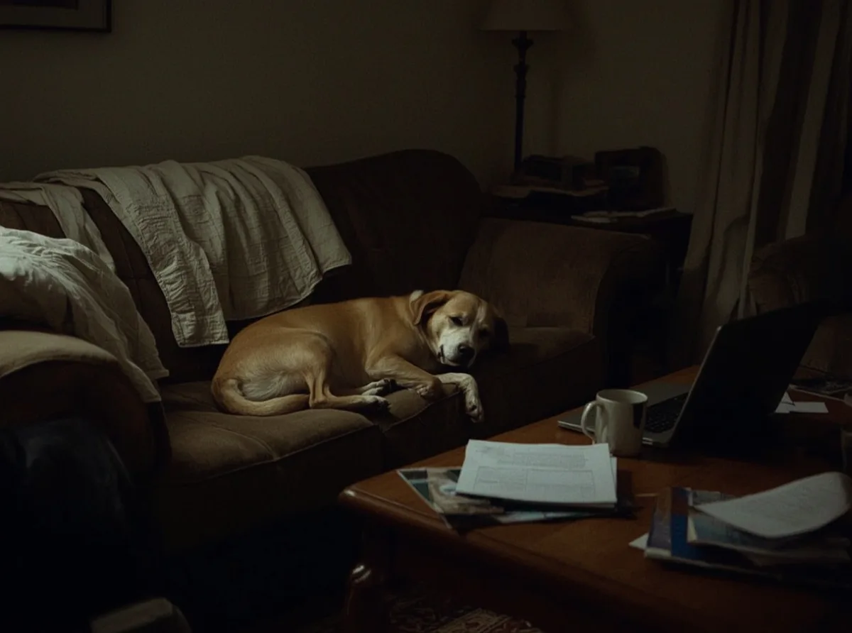 Dog resting beside a tense sofa scene