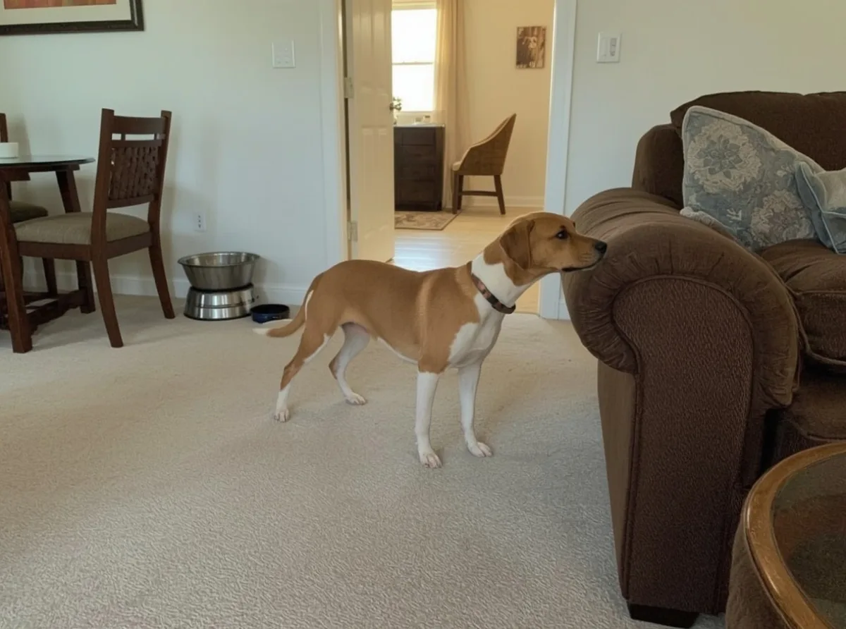Dog shifting posture beside a person on a sofa