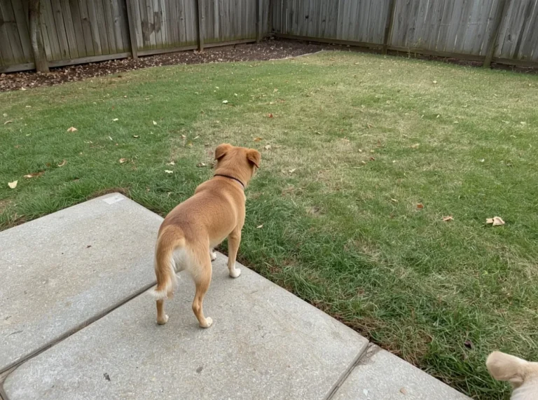 Dog pausing near a path and observing quietly