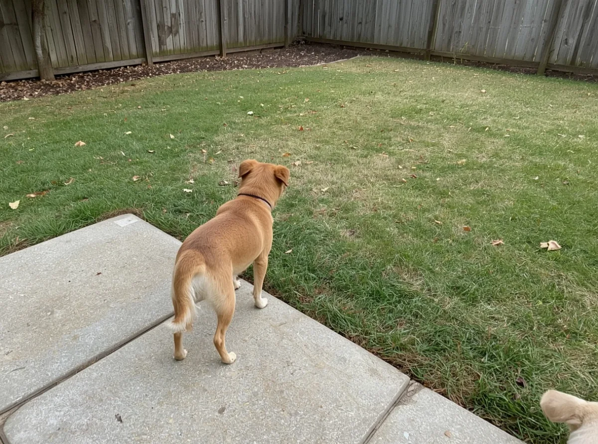 Dog pausing near a path and observing quietly