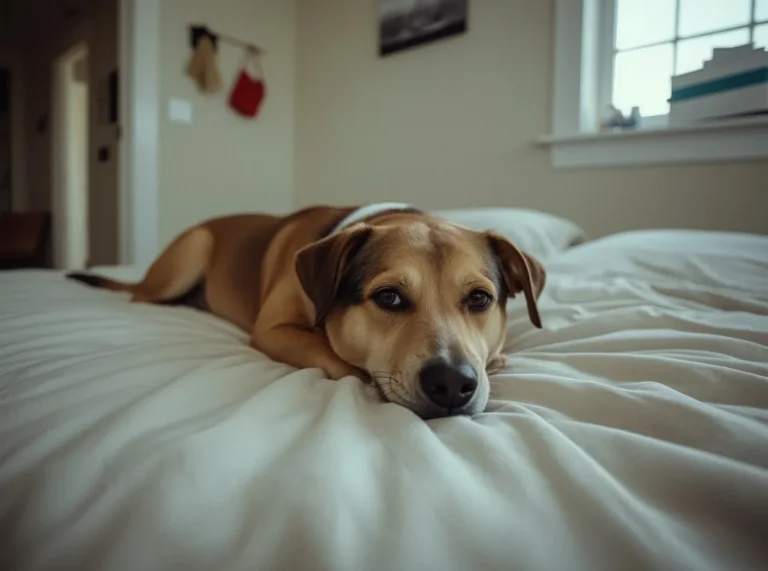 Dog resting with eyes open near a doorway