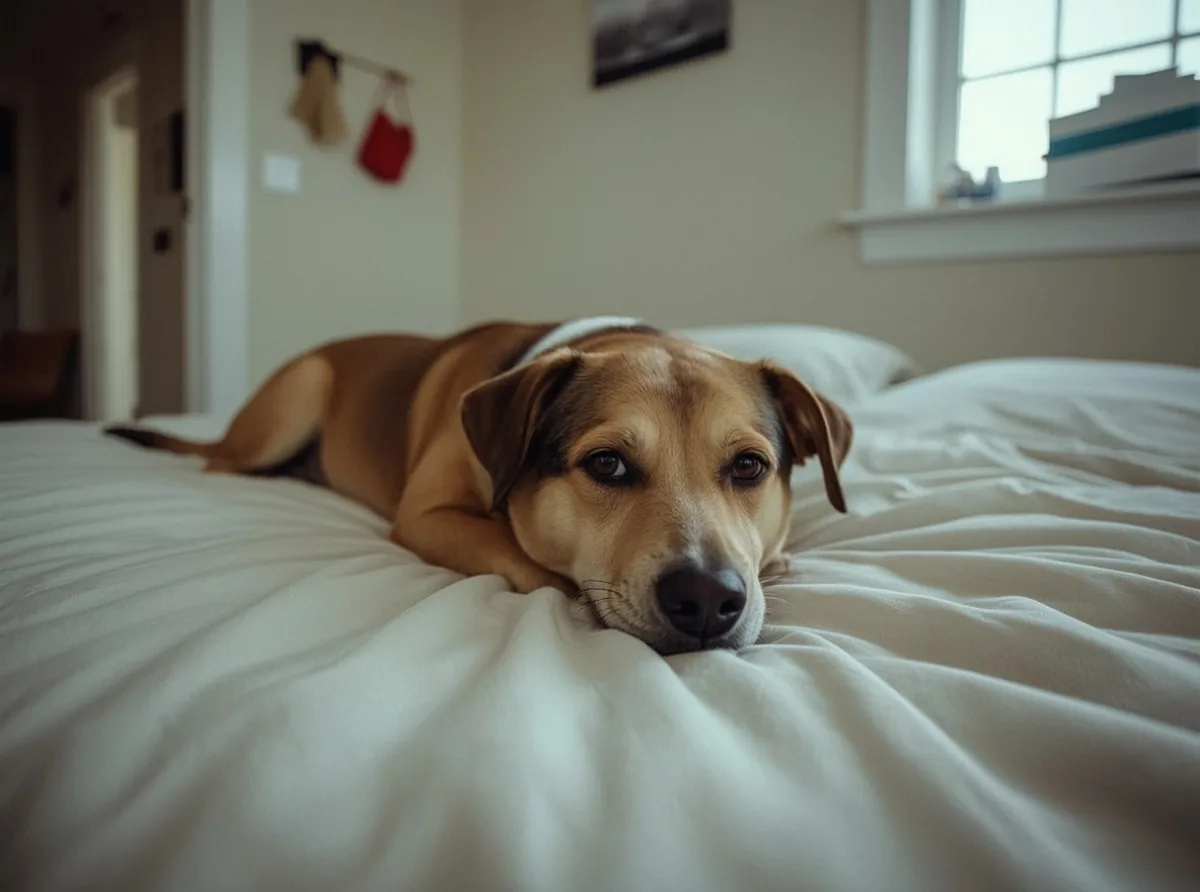 Dog resting with eyes open near a doorway