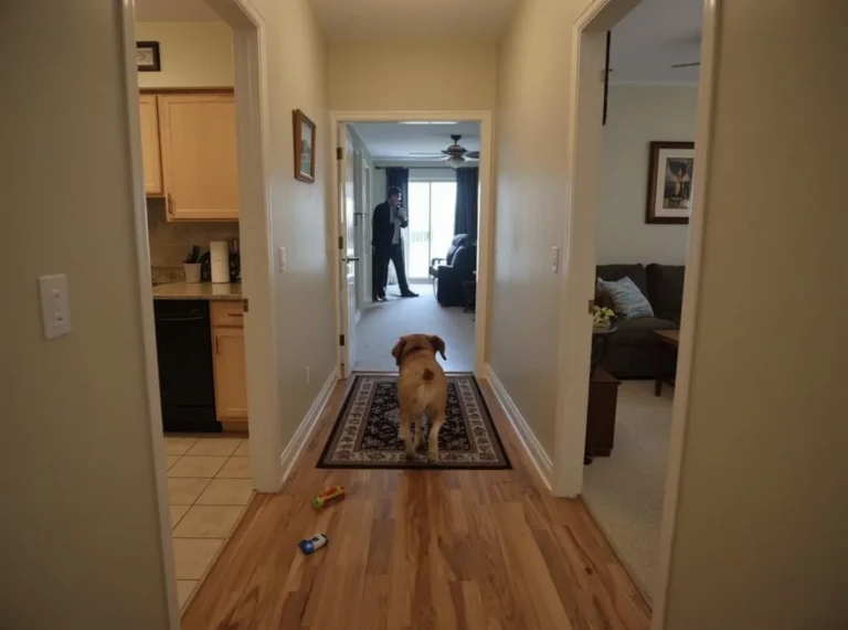 Dog calmly walking through hallway and living room