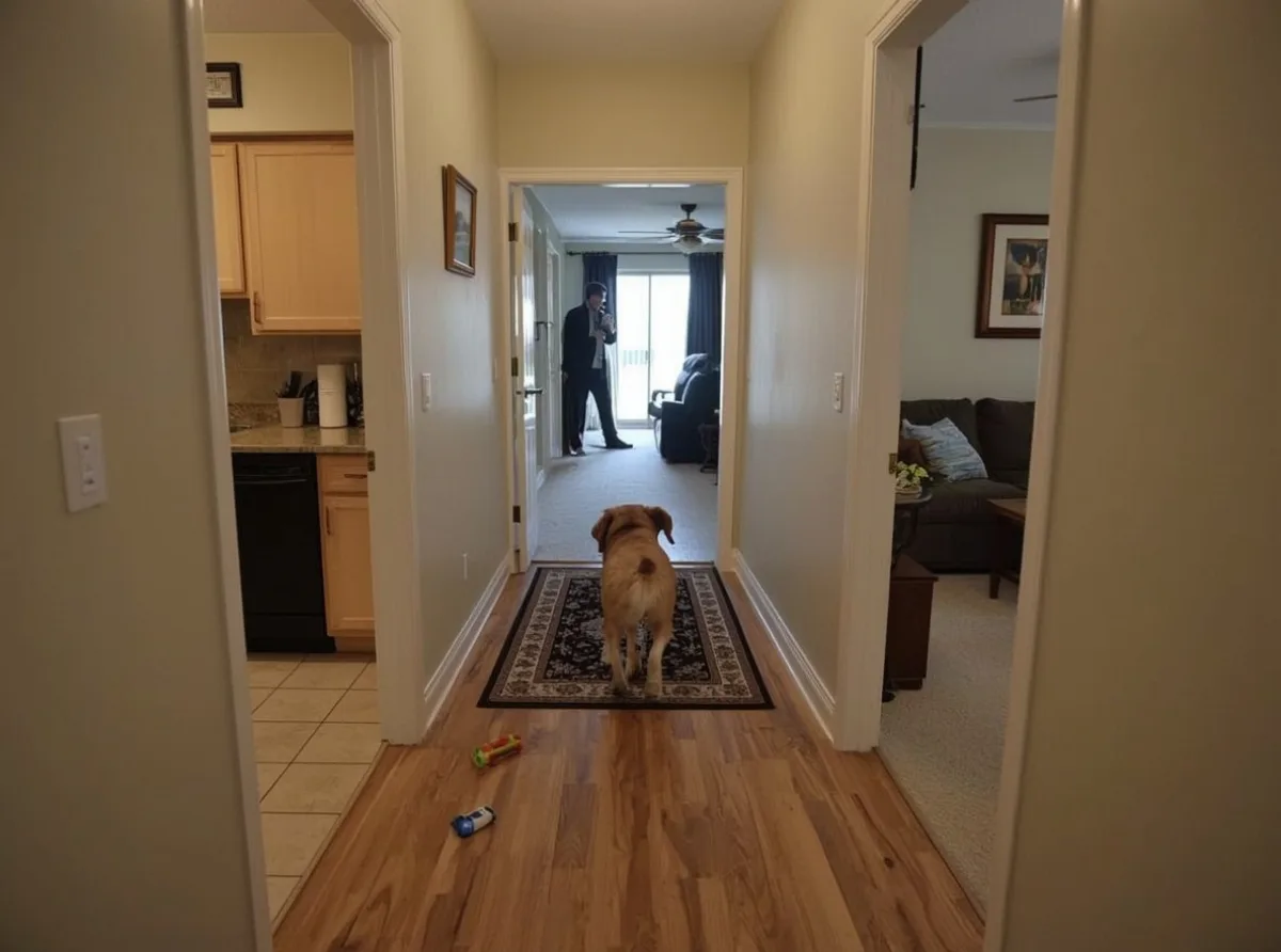 Dog calmly walking through hallway and living room