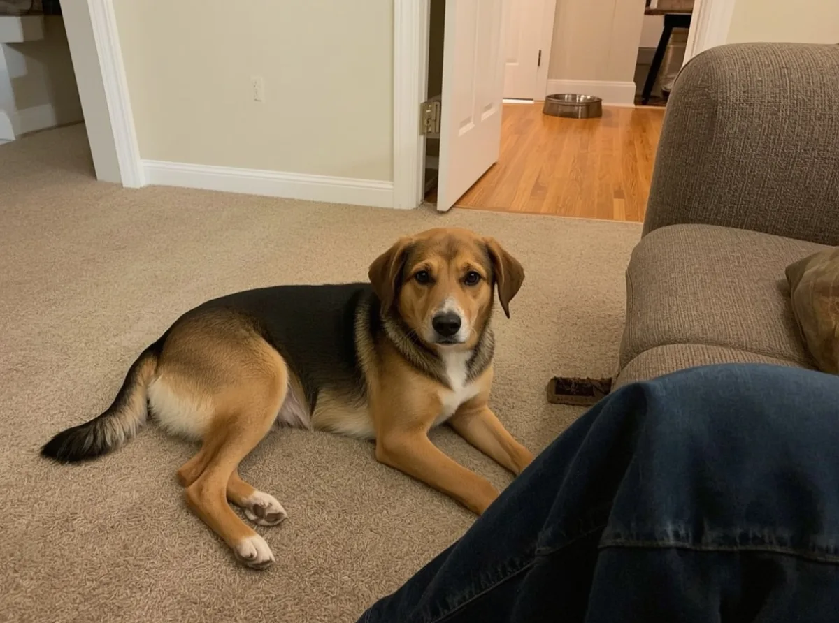 Clingy dog resting close beside owner