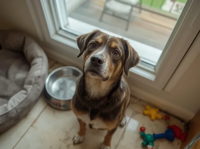 Dog with expressive eyes looking up