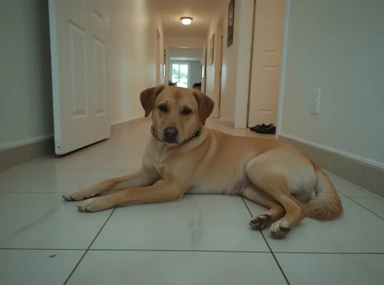 Dog resting near an open hallway entrance