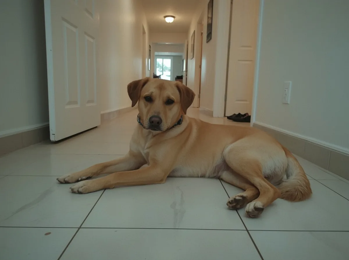 Dog resting near an open hallway entrance