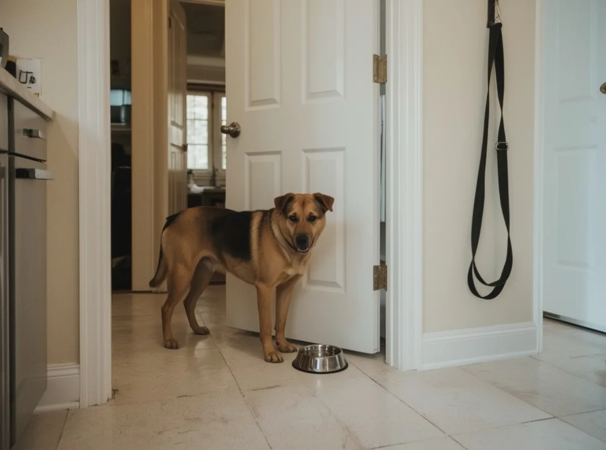 Dog waiting beside a kitchen door at breakfast time