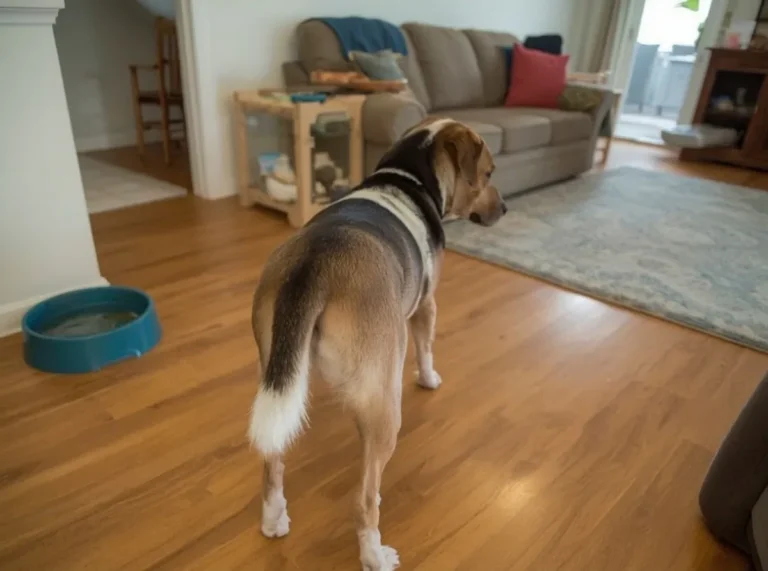 Dog standing indoors with tail held low